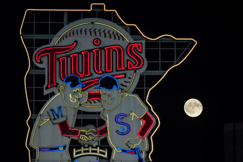 MINNEAPOLIS, MN-SEPTEMBER 25: A general view of the moon next to the Target Field celebration sign during a game between the Minnesota Twins and Detroit Tigers on September 25, 2018 at Target Field in Minneapolis, Minnesota. The Tigers defeated the Twins 4-2. (Photo by Brace Hemmelgarn/Minnesota Twins/Getty Images) *** Local Caption ***