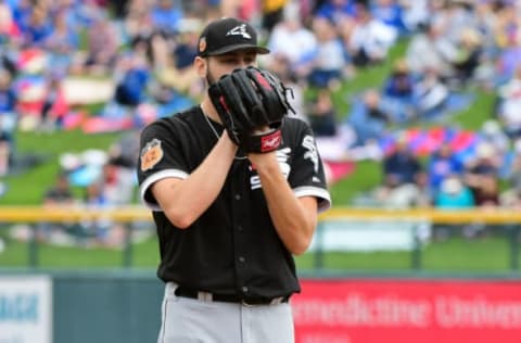 Feb 27, 2017; Mesa, AZ, USA; Chicago White Sox starting pitcher Lucas Giolito (27) throws during the first inning against the Chicago Cubs during a spring training game at Sloan Park. Mandatory Credit: Matt Kartozian-USA TODAY Sports