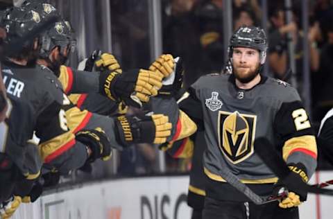 LAS VEGAS, NV – MAY 30: Shea Theodore #27 of the Vegas Golden Knights celebrates with teammates after scoring a goal during the second period against the Washington Capitals in Game Two of the Stanley Cup Final during the 2018 NHL Stanley Cup Playoffs at T-Mobile Arena on May 30, 2018, in Las Vegas, Nevada. (Photo by Jeff Bottari/NHLI via Getty Images)