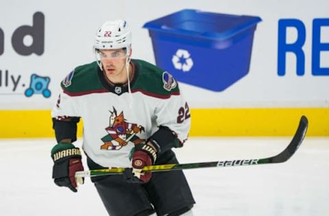 Apr 14, 2022; Vancouver, British Columbia, CAN; Arizona Coyotes forward Jack McBain (22) skates during warm up prior to a game against the Vancouver Canucks at Rogers Arena. Mandatory Credit: Bob Frid-USA TODAY Sports