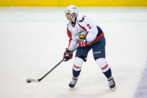 Feb 11, 2016; Saint Paul, MN, USA; Washington Capitals defenseman Matt Niskanen (2) against the Minnesota Wild at Xcel Energy Center. The Capitals defeated the Wild 4-3. Mandatory Credit: Brace Hemmelgarn-USA TODAY Sports