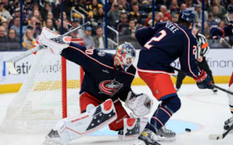 Oct 22, 2022; Columbus, Ohio, USA; Columbus Blue Jackets goaltender Elvis Merzlikins (90) follows the puck in play against the Pittsburgh Penguins in the third period at Nationwide Arena. Mandatory Credit: Aaron Doster-USA TODAY Sports