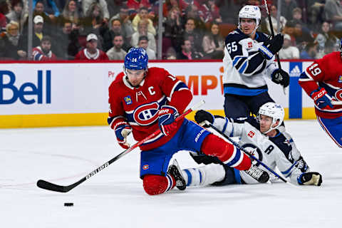 Oct 28, 2023; Montreal, Quebec, CAN; Montreal Canadiens center Nick Suzuki. Mandatory Credit: David Kirouac-USA TODAY Sports