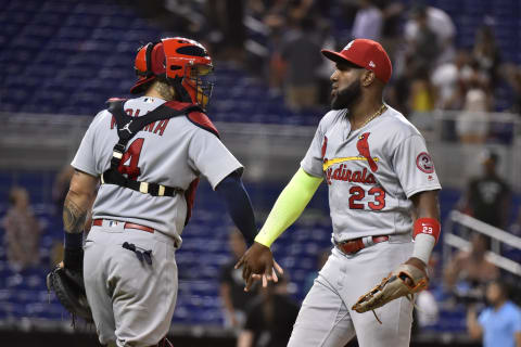 MIAMI, FL – AUGUST 8: Marcell Ozzuna #23 of the St. Louis Cardinals is congratulated by Yadier Mollina #4 after defeating the Miami Marlins at Marlins Park on August 8, 2018 in Miami, Florida. (Photo by Eric Espada/Getty Images)