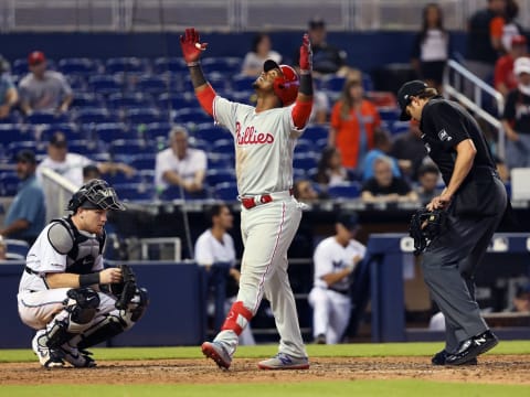 Even though he’s a .300 hitter, Segura celebrates his first homer as a Phillie. Photo by Carl Juste/Miami Herald/TNS via Getty Images.