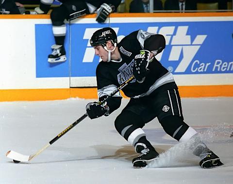 TORONTO, ON – MARCH 13: Rick Tocchet, #92 of the Los Angeles Kings, skates against the Toronto Maple Leafs during NHL game action on March 13, 1995, at Maple Leaf Gardens Toronto, Ontario, Canada. (Photo by Graig Abel/Getty Images)