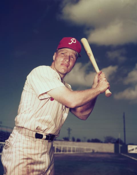 3/1955: Closeup of Philadelphia Phillies baseball player Richie Ashburn in batting action.