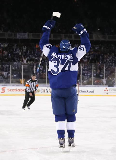 TORONTO, ON – JANUARY 1: Auston Matthews #34 of the Toronto Maple Leafs celebrates after scoring an overtime goal on the Detroit Red Wings during the 2017 Scotiabank NHL Centennial Classic at Exhibition Stadium on January 1, 2017 in Toronto, Ontario, Canada. (Photo by Andre Ringuette/NHLI via Getty Images)