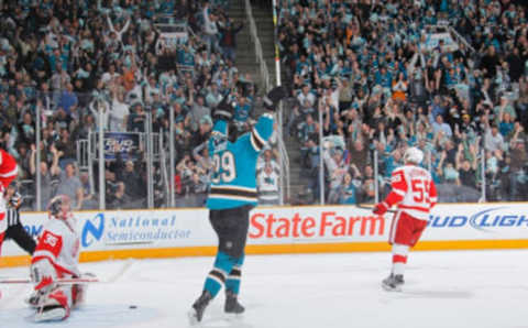 SAN JOSE, CA – MAY 2: Jimmy Howard #35 and Niklas Kronwall #55 of the Detroit Red Wings react to a goal by Ryane Clowe #29 of the San Jose Sharks in Game Two of the Western Conference Semifinals during the 2010 NHL Stanley Cup Playoffs on May 2, 2010 at HP Pavilion at San Jose in San Jose, California. (Photo by Don Smith/NHLI via Getty Images)