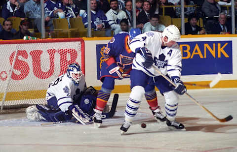 TORONTO, ON – NOVEMBER 21: Dave Ellett #4 and Felix Potvin #29 of the Toronto Maple Leafs  . (Photo by Graig Abel/Getty Images)