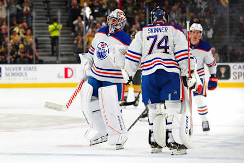 May 12, 2023; Las Vegas, Nevada, USA; Edmonton Oilers goaltender Jack Campbell (36) replaces Edmonton Oilers goaltender Stuart Skinner (74) during the second period against the Vegas Golden Knights in game five of the second round of the 2023 Stanley Cup Playoffs at T-Mobile Arena. Mandatory Credit: Stephen R. Sylvanie-USA TODAY Sports