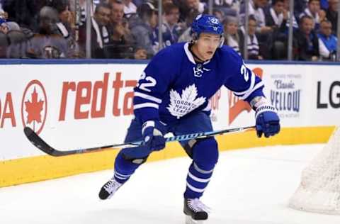 Oct 15, 2016; Toronto, Ontario, CAN; Toronto Maple Leafs defenceman Nikita Zaitsev (22) skates behind his net during a 4-1 win over Boston Bruins at Air Canada Centre. Mandatory Credit: Dan Hamilton-USA TODAY Sports