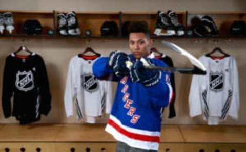 DALLAS, TX – JUNE 22: K’Andre Miller poses for a portrait after being selected twenty-second overall by the New York Rangers during the first round of the 2018 NHL Draft at American Airlines Center on June 22, 2018 in Dallas, Texas. (Photo by Jeff Vinnick/NHLI via Getty Images)