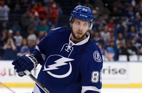 Apr 15, 2016; Tampa, FL, USA; Tampa Bay Lightning right wing Nikita Kucherov (86) warms up prior to game two of the first round of the 2016 Stanley Cup Playoffs against the Detroit Red Wings at Amalie Arena. Mandatory Credit: Kim Klement-USA TODAY Sports