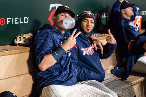 MINNEAPOLIS, MN-SEPTEMBER 26: Max Keppler #26 of the Minnesota Twins and Eddie Rossario #20 pose for a photo in the dugout against the Detroit Tigers on September 26, 2018 at Target Field in Minneapolis, Minnesota. The Tigers defeated the Twins 11-4. (Photo by Brace Hemmelgarn/Minnesota Twins/Getty Images)