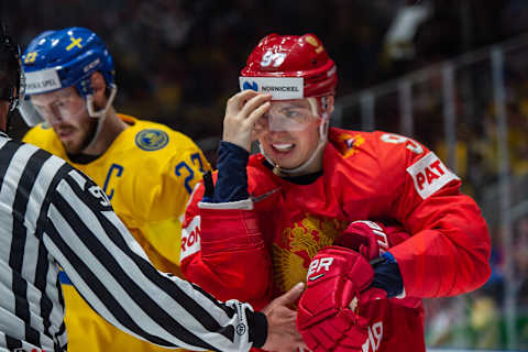 BRATISLAVA, SLOVAKIA – MAY 21: #97 Nikita Gusev of Russia reacts during the 2019 IIHF Ice Hockey World Championship Slovakia group game between Sweden and Russia at Ondrej Nepela Arena on May 21, 2019 in Bratislava, Slovakia. (Photo by RvS.Media/Monika Majer/Getty Images)