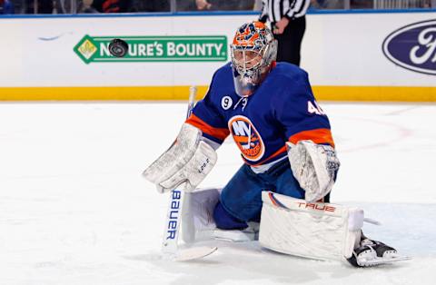 ELMONT, NEW YORK – MARCH 31: Semyon Varlamov #40 of the New York Islanders makes the first period save against the Columbus Blue Jackets at the UBS Arena on March 31, 2022 in Elmont, New York. (Photo by Bruce Bennett/Getty Images)