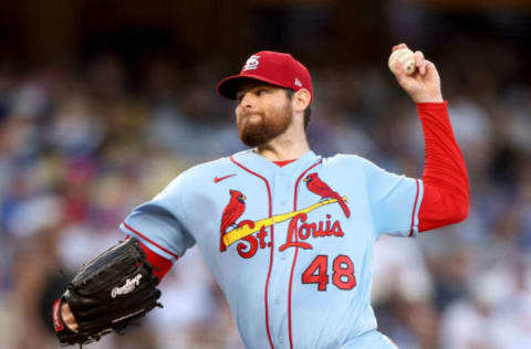 LOS ANGELES, CALIFORNIA – SEPTEMBER 24: Jordan Montgomery #48 of the St. Louis Cardinals pitches against the Los Angeles Dodgers during the first inning at Dodger Stadium on September 24, 2022 in Los Angeles, California. (Photo by Harry How/Getty Images)