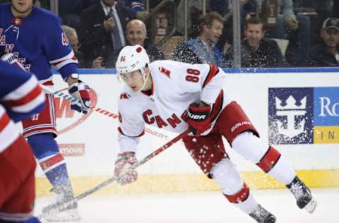 NEW YORK, NEW YORK – NOVEMBER 27: Martin Necas #88 of the Carolina Hurricanes skates against the New York Rangers at Madison Square Garden on November 27, 2019 in New York City. The Rangers defeated the Hurricanes 3-2. (Photo by Bruce Bennett/Getty Images)