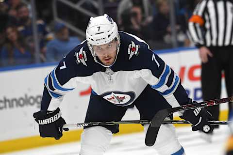 ST. LOUIS, MO – APRIL 16: Winnipeg Jets defenseman Ben Chiarot (7) gets ready to take a face off during a first round Stanley Cup Playoffs game between the Winnipeg Jets and the St. Louis Blues, on April 16, 2019, at Enterprise Center, St. Louis, Mo. (Photo by Keith Gillett/Icon Sportswire via Getty Images)