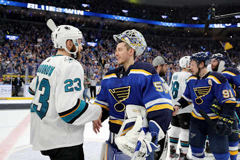 ST LOUIS, MISSOURI – MAY 21: Barclay Goodrow #23 of the San Jose Sharks congratulates Jordan Binnington #50 of the St. Louis Blues after Game Six of the Western Conference Finals during the 2019 NHL Stanley Cup Playoffs at Enterprise Center on May 21, 2019 in St Louis, Missouri. The St.Louis Blues defeated the San Jose Sharks with a score of 5 to 1. (Photo by Elsa/Getty Images)