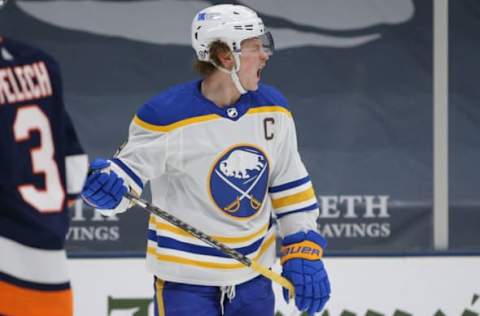 Mar 6, 2021; Uniondale, New York, USA; Buffalo Sabres center Jack Eichel (9) reacts during the third period against the New York Islanders at Nassau Veterans Memorial Coliseum. Mandatory Credit: Brad Penner-USA TODAY Sports