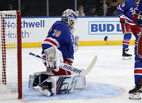 NEW YORK, NEW YORK – SEPTEMBER 26: Henrik Lundqvist #30 of the New York Rangers makes the first period save against the Philadelphia Flyers during a preseason game at Madison Square Garden on September 26, 2019 in New York City. (Photo by Bruce Bennett/Getty Images)