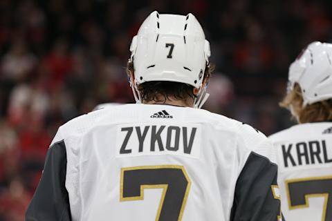 DETROIT, MI – FEBRUARY 07: Vegas Golden Knights forward Valentin Zykov, of Russia, (7) looks on during a regular season NHL hockey game between the Vegas Golden Knights and the Detroit Red Wings on February 7, 2019, at Little Caesars Arena in Detroit, Michigan. (Photo by Scott Grau/Icon Sportswire via Getty Images)