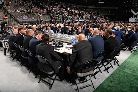 DALLAS, TX – JUNE 22: A general view of the Vegas Golden Knights draft table is seen during the first round of the 2018 NHL Draft at American Airlines Center on June 22, 2018 in Dallas, Texas. (Photo by Brian Babineau/NHLI via Getty Images)