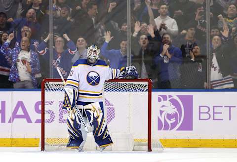 Aaron Dell #80 of the Buffalo Sabres (Photo by Elsa/Getty Images)