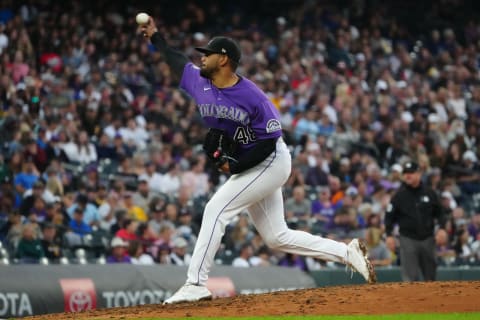 Jun 29, 2021; Denver, Colorado, USA; Colorado Rockies starting pitcher German Marquez (48) delivers a pitch in the sixth inning against the Pittsburgh Pirates at Coors Field. Mandatory Credit: Ron Chenoy-USA TODAY Sports