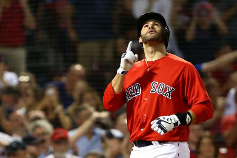 BOSTON, MA – MAY 25: J.D. Martinez #28 of the Boston Red Sox reacts as he crosses home plate after hitting a solo home run in the fourth inning of a game against the Atlanta Braves at Fenway Park on May 25, 2018, in Boston, Massachusetts. (Photo by Adam Glanzman/Getty Images)