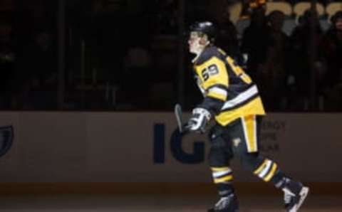 Apr 4, 2017; Pittsburgh, PA, USA; Pittsburgh Penguins center Jake Guentzel (59) takes the ice against the Columbus Blue Jackets during the first period at the PPG PAINTS Arena. The Penguins won 4-1. Mandatory Credit: Charles LeClaire-USA TODAY Sports