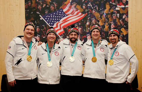 PYEONGCHANG-GUN, SOUTH KOREA – FEBRUARY 24: The United States Men’s Curling Gold Medalists Matt HamiltonJohn Shuster, John Landsteiner, Tyler George and Joe Polo on February 24, 2018 in Pyeongchang-gun, South Korea. (Photo by Marianna Massey/Getty Images)