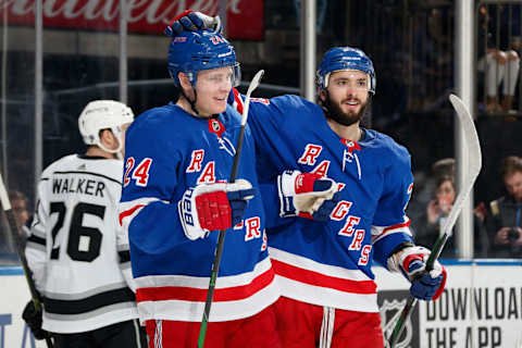 NEW YORK, NY – FEBRUARY 09: Kaapo Kakko #24 and Phillip Di Giuseppe #33 of the New York Rangers celebrate after a goal in the third period against the Los Angeles Kings at Madison Square Garden on February 9, 2020 in New York City. (Photo by Jared Silber/NHLI via Getty Images)