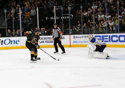 LAS VEGAS, NV – JANUARY 04: Vegas Golden Knights center Chandler Stephenson (20) controls the puck during a regular season game against the St. Louis Blues Saturday, Jan. 4, 2020, at T-Mobile Arena in Las Vegas, Nevada. (Photo by: Marc Sanchez/Icon Sportswire via Getty Images)