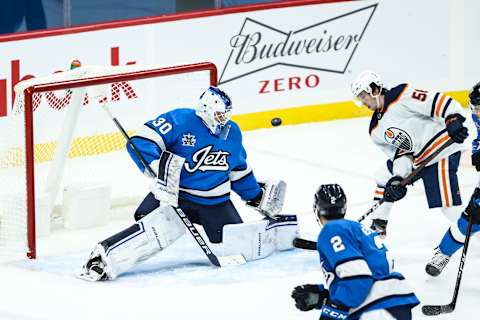 Winnipeg Jets goalie Laurent Brossoit (30). Mandatory Credit: Terrence Lee-USA TODAY Sports