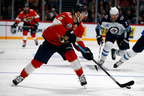 HELSINKI, FINLAND – NOVEMBER 1: Evgeni Dadonov #63 of the Florida Panthers skates with the puck against the Winnipeg Jets in the 2018 NHL Global Series at the Hartwall Arena on November 1, 2018 in Helsinki, Finland. (Photo by Eliot J. Schechter/NHLI via Getty Images)