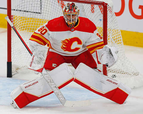 Oct 4, 2021; Edmonton, Alberta, CAN; Calgary Flames goaltender Dan Vladar (80) skates against the Edmonton Oilers at Rogers Place. Mandatory Credit: Perry Nelson-USA TODAY Sports