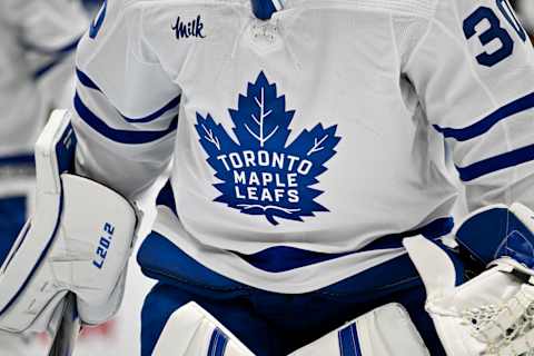 Dec 6, 2022; Dallas, Texas, USA; A view of the Toronto Maple Leafs logo during the game between the Dallas Stars and the Toronto Maple Leafs at American Airlines Center. Mandatory Credit: Jerome Miron-USA TODAY Sports