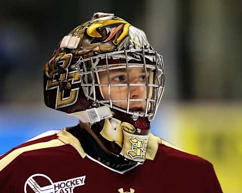 MINNEAPOLIS, MN – DECEMBER 30: Parker Milner #35 of Boston College warms up before a game with the University of Minnesota December 30, 2012 at Mariucci Arena in Minneapolis, Minnesota. (Photo by Scott A. Schneider/Getty Images)