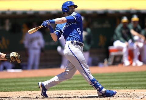 OAKLAND, CALIFORNIA – JUNE 18: Andrew Benintendi #16 of the Kansas City Royals bats against the Oakland Athletics in the top of the third inning at RingCentral Coliseum on June 18, 2022 in Oakland, California. (Photo by Thearon W. Henderson/Getty Images)