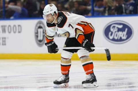 TAMPA, FL – NOVEMBER 27: Anaheim Ducks left wing Andrew Cogliano (7) in the first period of the regular season NHL game between the Anaheim Ducks and Tampa Bay Lightning on November 27, 2018, at Amalie Arena in Tampa, FL. (Photo by Mark LoMoglio/Icon Sportswire via Getty Images)