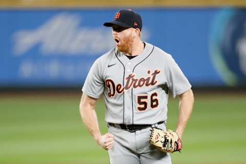 Spencer Turnbull celebrates a no-hitter for the Detroit Tigers vs. the Seattle Mariners(Photo by Steph Chambers/Getty Images)