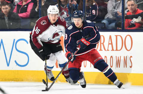 COLUMBUS, OH – MARCH 8: Artemi Panarin #9 of the Columbus Blue Jackets controls the puck as Mikko Rantanen #96 of the Colorado Avalanche defends on March 8, 2018 at Nationwide Arena in Columbus, Ohio. (Photo by Jamie Sabau/NHLI via Getty Images)