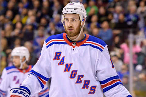 VANCOUVER, BC – FEBRUARY 28: New York Rangers Center Kevin Hayes (13) waits for a face-off during their NHL game against the Vancouver Canucks at Rogers Arena on February 28, 2018 in Vancouver, British Columbia, Canada. New York won 6-5. (Photo by Derek Cain/Icon Sportswire via Getty Images)