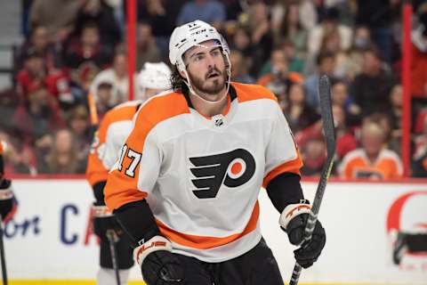 Nov 5, 2022; Ottawa, Ontario, CAN; Philadelphia Flyers center Zack MacEwen (17) skates to the bench following his goal in the second period against the Ottawa Senators at the Canadian Tire Centre. Mandatory Credit: Marc DesRosiers-USA TODAY Sports