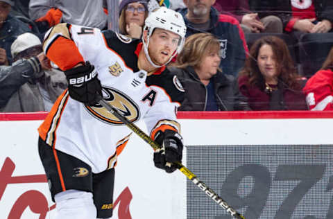 DETROIT, MI – JANUARY 15: Cam Fowler #4 of the Anaheim Ducks passes the puck against the Detroit Red Wings during an NHL game at Little Caesars Arena on January 15, 2019, in Detroit, Michigan. Detroit defeated Anaheim 3-1. (Photo by Dave Reginek/NHLI via Getty Images)