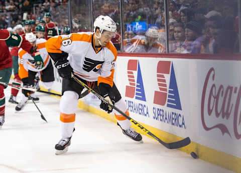 Jan 7, 2016; Saint Paul, MN, USA; Philadelphia Flyers forward Chris VandeVelde (76) against the Minnesota Wild at Xcel Energy Center. The Flyers defeated the Wild 4-3 in overtime. Mandatory Credit: Brace Hemmelgarn-USA TODAY Sports