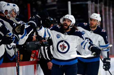 HELSINKI, FINLAND – NOVEMBER 1: Mathieu Perreault #85 of the Winnipeg Jets celebrates his first-period goal against the Florida Panthers during the 2018 NHL Global Series at the Hartwall Arena on November 1, 2018, in Helsinki, Finland. (Photo by Eliot J. Schechter/NHLI via Getty Images)